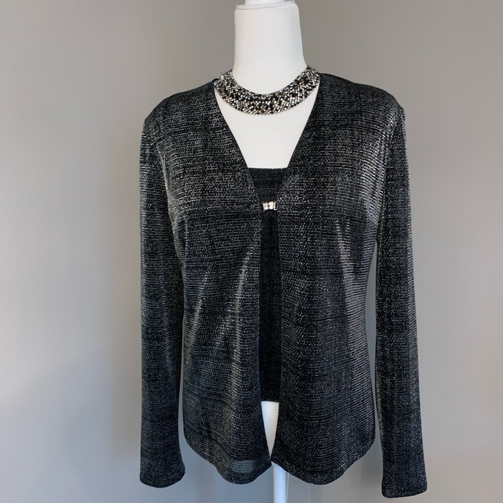 Liz Claiborne Night Black Silver Metallic Rhinestone 2-piece cocktail top blouse - Picture 8 of 12